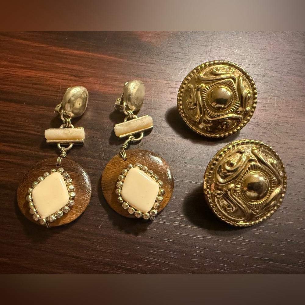 2 Pair Vintage Costume Clip On Earring Bundle Dangle Round Wood Goldtone